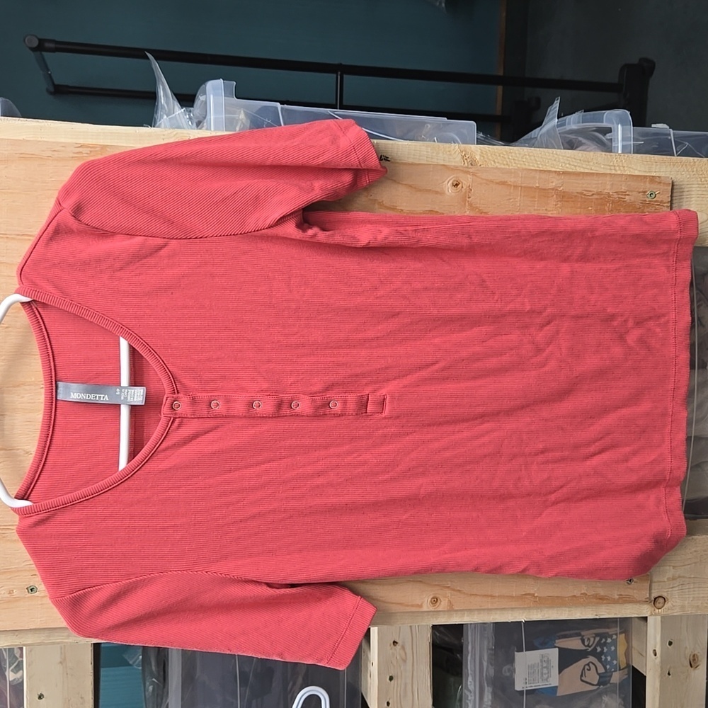 Mondetta Size S Salmon Pink Ribbed Short Sleeve Henley